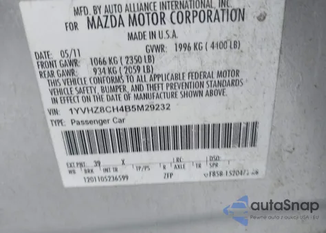 2011 Mazda Mazda6 I Touring from USA, damaged, VIN 1YVHZ8CH4B5M29232